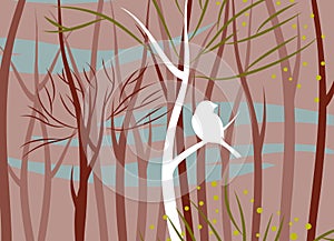 Bird in forest, vector illustration