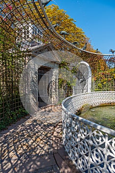 Bird fountain at gardens of Schwetzingen palace in Germany during sunny summer day