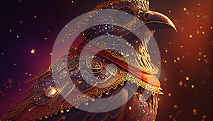 Bird in Gold Character Avatar Portrait. Magic Bird Mascot Warrior Head with Ambient Starry Night Sky Background.