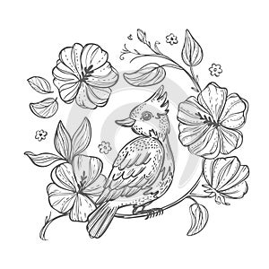 BIRD HAND DRAWN Illustration In Vintage Style With Flowers
