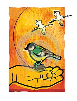 Bird in the hand is worth two in the bush. Titmouse sits on the palm of a man. Cranes fly through a solar disk against the sky.