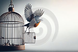 A bird that has flown out of its cage. Space for text.