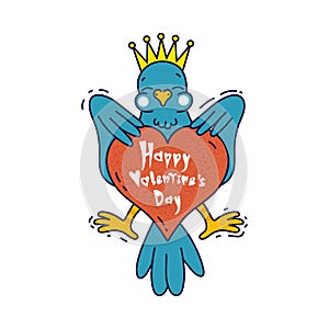 Bird heraldic emblem with big heart in cartoon style.