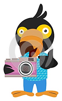 Bird holding camera, illustration, vector