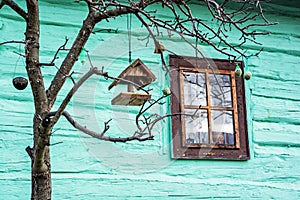 Bird house with feed on the tree in Vlkolinec village, Slovakia, Unesco