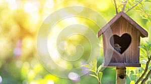 Bird house with the heart shapped entrance on blurred spring outdoor background