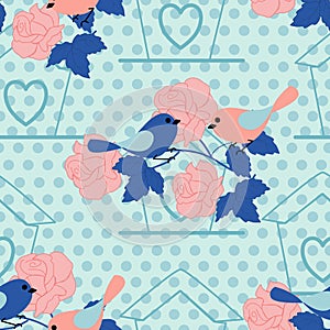 Bird houses,birds and roses in a seamless pattern design