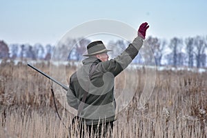 The bird hunter walks across the field with his dog on a partridge hunt and shows her where to go