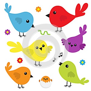 Bird icon set. Cute cartoon colorful character. Birds baby collection. Decoration element. Singing song. Flower, worm insect, musi