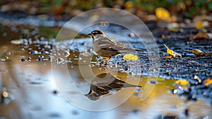 bird and its reflection in a puddle. Bird reflection in water in spring