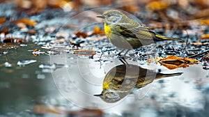 bird and its reflection in a puddle. Bird reflection in water in spring