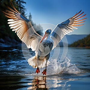 Bird landing to the blue lake water. Bird fly. Dalmatian pelican, Pelecanus crispus