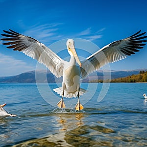 Bird landing to the blue lake water. Bird fly. Dalmatian pelican, Pelecanus crispus. Generative AI