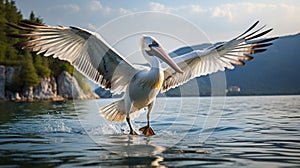 Bird landing to the blue lake water. Bird fly. Dalmatian pelican, Pelecanus crispus. Generative AI