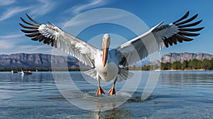 Bird landing to the blue lake water. Bird fly. Dalmatian pelican, Pelecanus crispus. Generative AI