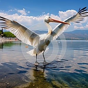 Bird landing to the blue lake water. Bird fly. Dalmatian pelican, Pelecanus crispus. Generative AI