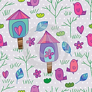 Bird line tree leaf house seamless pattern