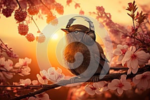 Bird listening music in headphones sitting on blossoming tree