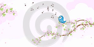 Bird in love on blossom branches