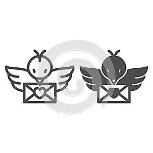 Bird with love letter in beak, message line and solid icon, dating concept, envelope with heart vector sign on white