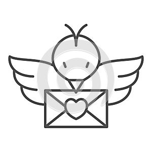 Bird with love letter in beak, message thin line icon, dating concept, envelope with heart vector sign on white
