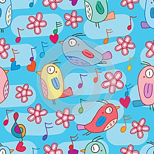 Bird love song flower sky blue seamless pattern