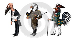 Bird man, Bald eagle and marabou head in military uniform. Dressed Rooster or Cock cowboy. Hand drawn fashionable