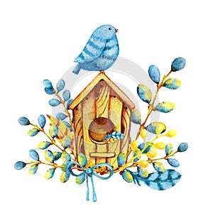 The bird meets spring and Easter, sits on a birdhouse and willow twigs. Hand watercolor illustration isolated on white