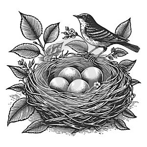 Bird Nes with Eggs engraving raster illustration