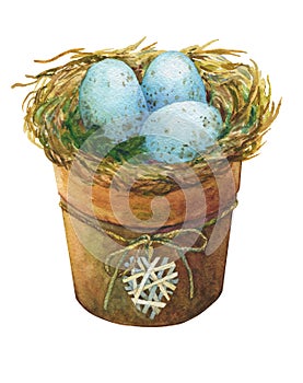 Bird nest with blue eggs in a flowerpot with a decorative heart, homes decor for Easter.