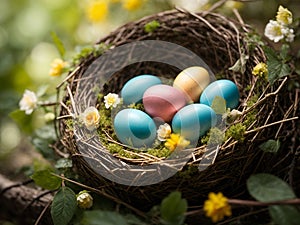 bird nest with colorful easter dyed eggs on tree branch