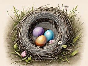 bird nest with dyed easter eggs vintage style illustration