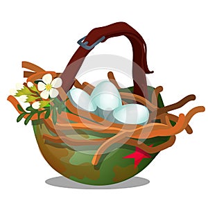 Bird nest with eggs inside military helmet isolated on white background. Symbol of truce and the end of the war. Vector