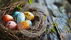 Bird Nest Filled With Eggs on Wooden Table