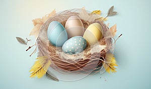 a bird nest with four eggs and feathers on a blue background with a feathery tail and a yellow and brown feather on the nest