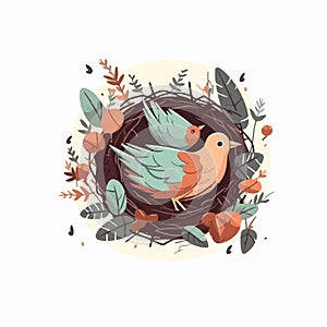 bird nest on tree branch with birds family vector flat