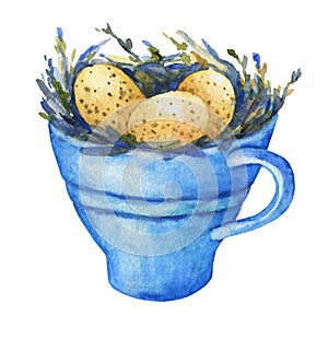 Bird nest with yellow eggs in a blue cup, home decor for Easter.