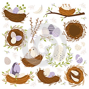 Bird nests flat icons set. Cute cartoon chicks and birds inside nest. Easter decorative elements