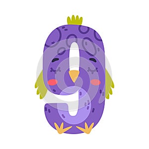 9 bird number. Nine numeral with eyes, beak and wings cute cartoon vector illustration