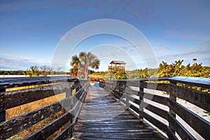 Bird observation tower at the end of a boardwalk at sunrise on Tigertail Beach, Marco Island photo