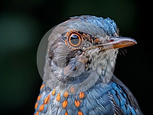 A bird with orange and blue feathers