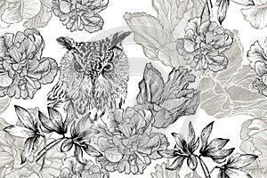 Bird owl and seamless floral background with tulips and scree. Hand-drawn, vector illustration