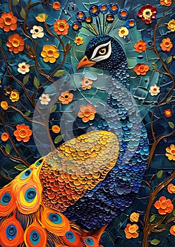 Bird painting with vibrant orange peacock surrounded by colorful flowers