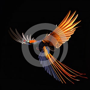 Bird of paradise in flight isolated on a black background, animals, birds