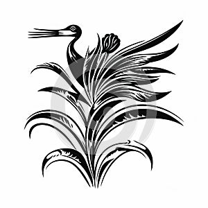 Bird Of Paradise Linocut Woodcut Print - Black And White Tropical Symbolism