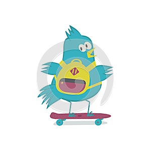 Bird on penny board. Sparrow on skateboard.