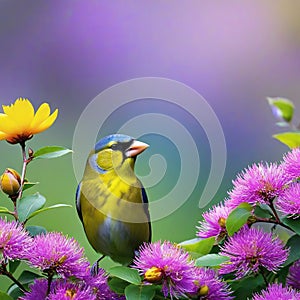 a bird is perched on a flower bush with many flowers in the background and a painting of a yellow