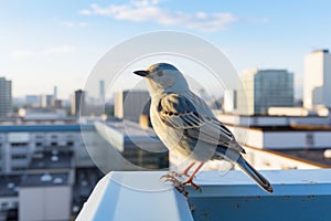 a bird perched on a ledge in front of a city