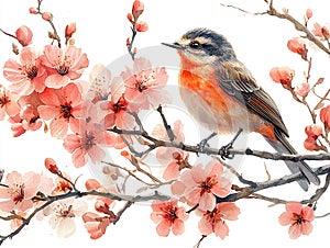 Bird perched among pink cherry blossom branches in watercolor.
