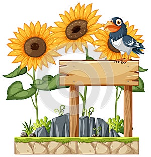 A bird perched on a sign among sunflowers